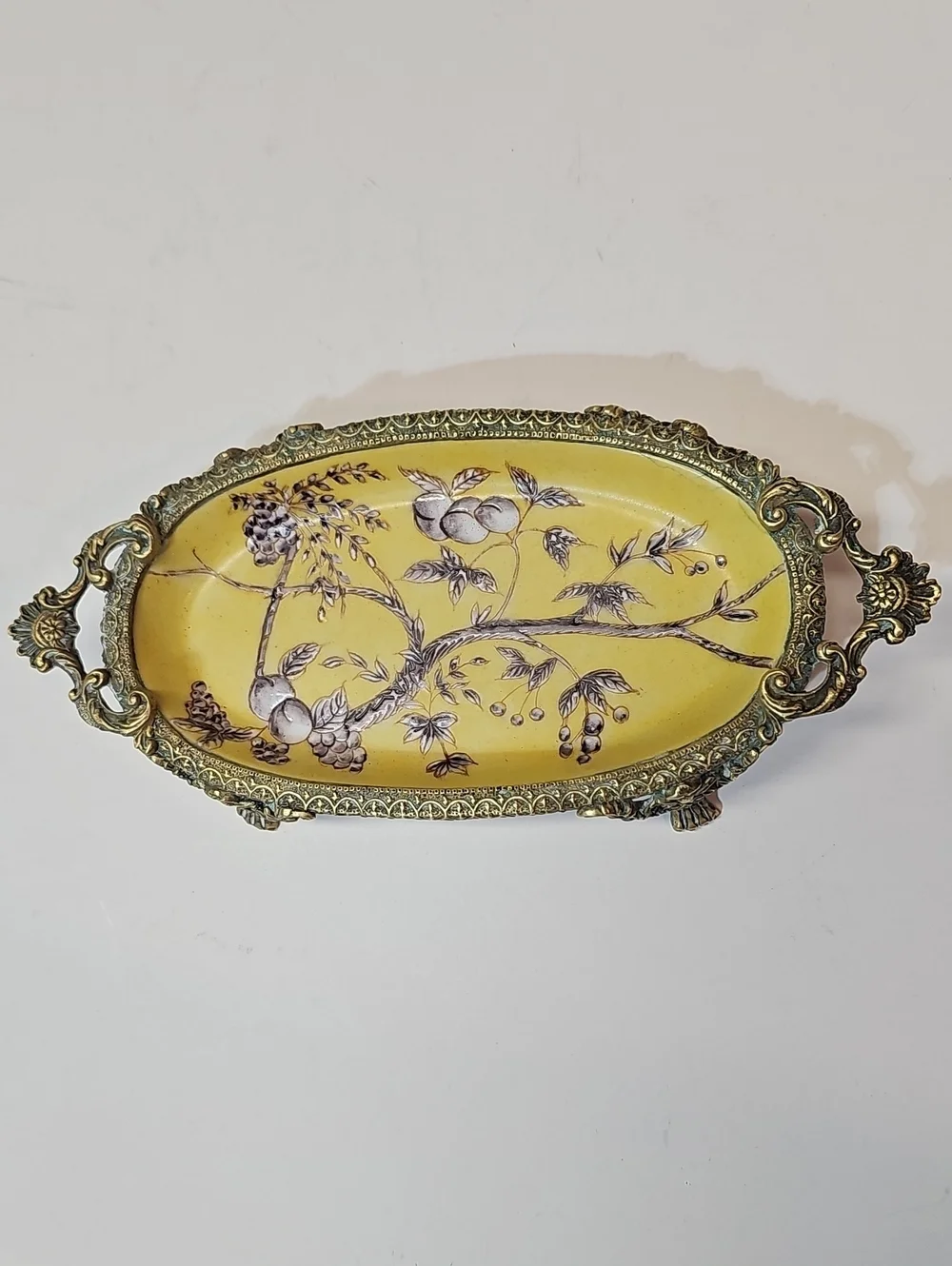 Vintage Ornate Yellow & Brass Porcelain Botanical Decorative Tray Soap Dish